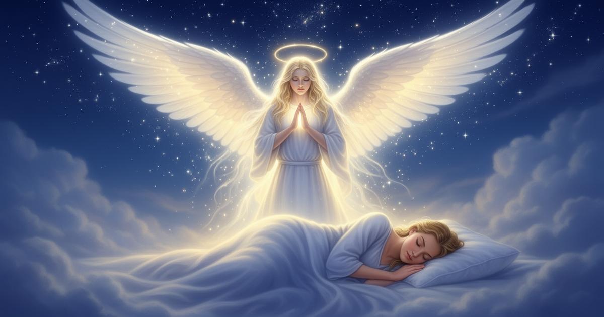 Guardian angel watching over a sleeping person under a starry night sky