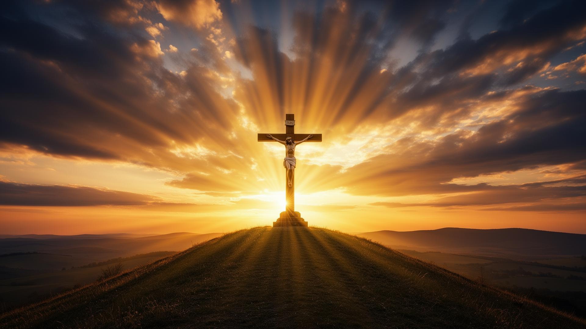 Cross on a hill at sunset symbolising salvation