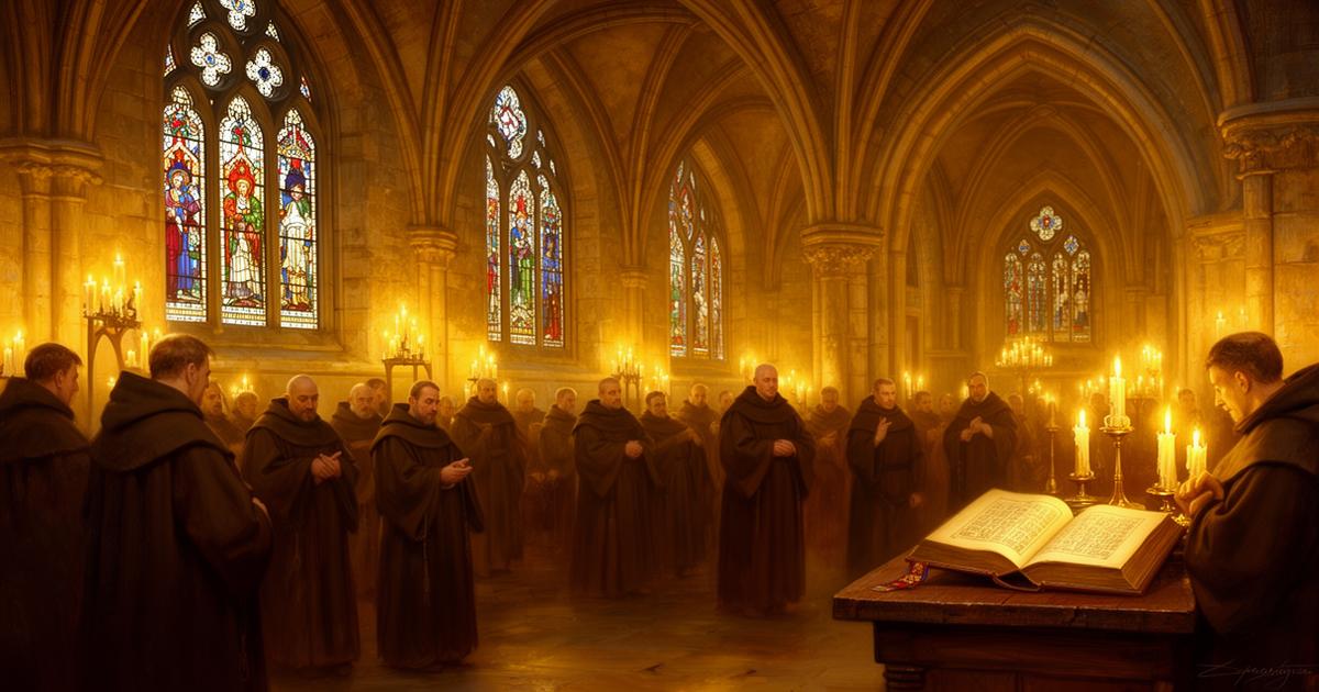 Medieval Catholic monks in a candlelit church with stained glass windows and illuminated manuscripts