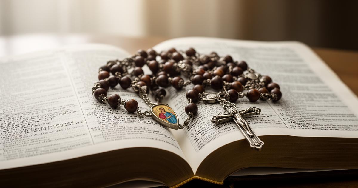 Catholic rosary beads on an open Bible